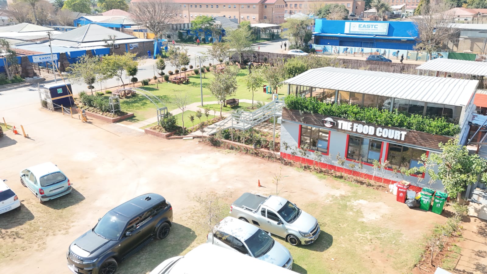 Aerial view of campus gardens and Food Court