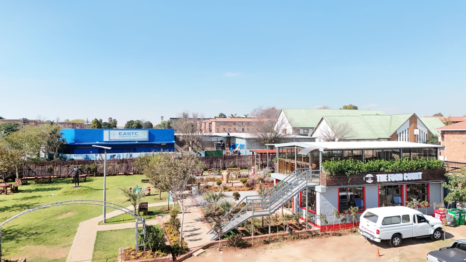 EASTC campus with Food Court and blue EASTC hall